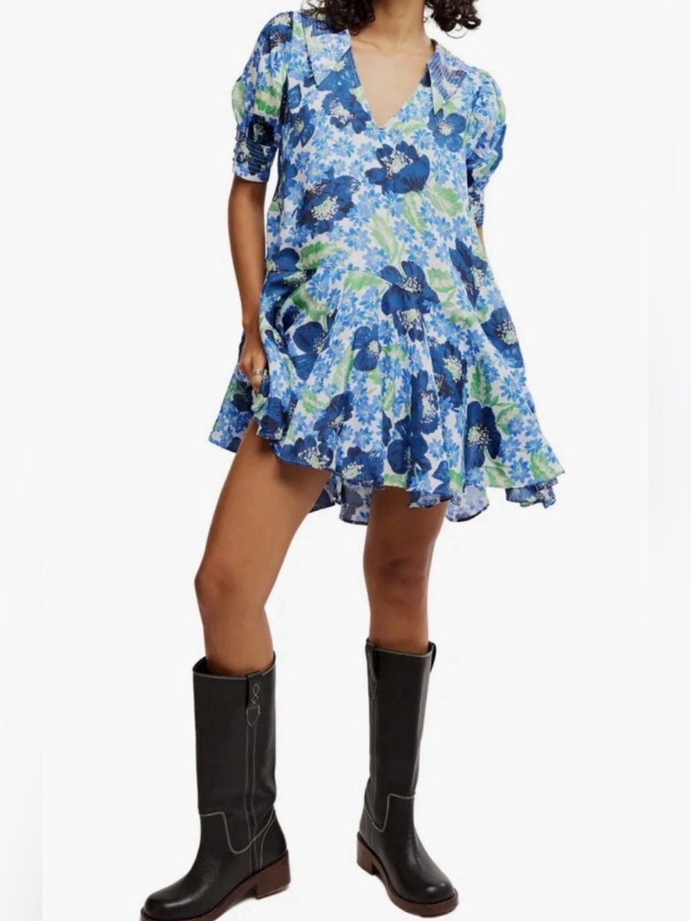 Free People Blue & Green Floral Tiered mini Dress (the sleeves have been removed